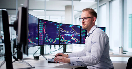 Male Broker Analyzing Stock Exchange Market Using Multiple Computer Screens