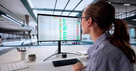 Female Accountant Investigating Financial Reports Using Office Desktop Computer