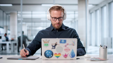 Male Graphic Designer Using Laptop To Edit Web Print Design