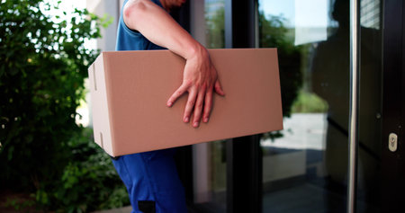 Courier Safely Delivers Package To Front Door Of Residential Home.