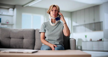 Senior Woman Calling Insurance After Accident Leaves Her With Broken Neckの写真素材