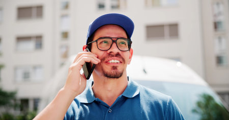 Smiling Hispanic Handyman Talking On Smartphone By Delivery Vanの写真素材