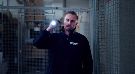 Night Security Guard Officer Professionally Protecting Warehouse From Potential Risksの写真素材