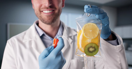Young Caucasian Man Holding IV Drip, Receiving Vitamin Infusion Therapy.の写真素材