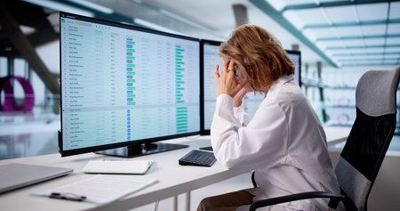 Exhausted Nurse Struggles With Spreadsheets On Hospital Computer Screenの写真素材