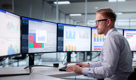 Young Man Monitoring Business Analytics On His Computer With Multiple Screens.