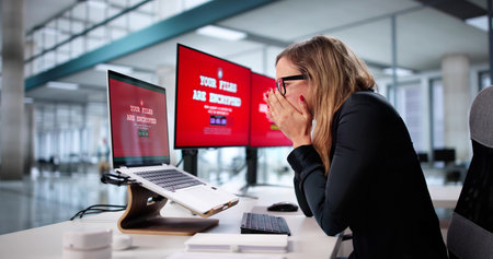 Cybersecurity Crisis: Woman Frantically Encrypting Hacked Laptop For Ransom.の写真素材