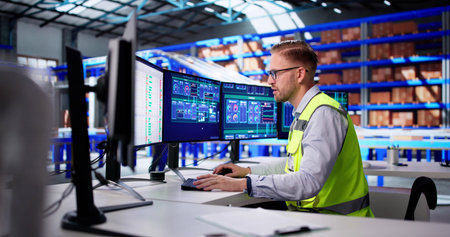 Busy Supply Chain Manager Organizing Logistics On Computer Screenの写真素材