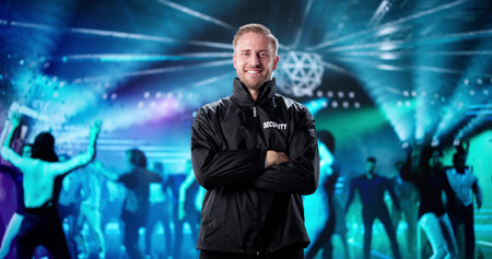 Smiling Bodyguard Keeping Watch Over The Nightclub Entrance Tonight.