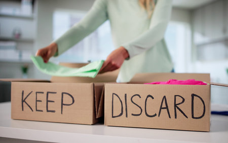 Organized Woman Sorting Through Wardrobe, Decluttering Clothes For Donation