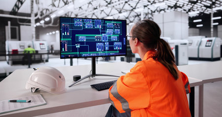 Skilled Woman Operates A SCADA Panel In A Factory. Using The System, She Maintains The Machine In Peak Conditionの写真素材