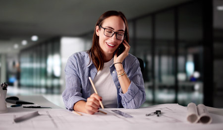 Female Architect Discusses Building Design Plans On Her Smart Phoneの写真素材
