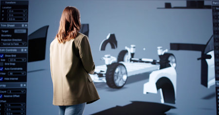 Innovative Female Engineers Designing Electric Cars In Industrial Office Settingの写真素材