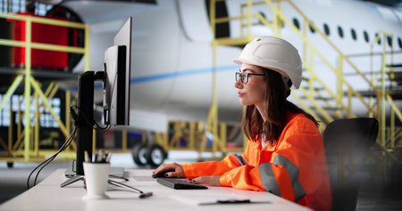 Among The Airplanes, She Is Focused On Maintaining Aircraft Panels.の写真素材