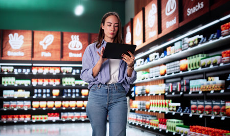 Smiling Female Cashier Checking Stock Levels Using Tablet In Supermarket.の写真素材