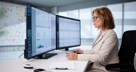 Senior Woman In Corporate Office Creating Business Invoices On Computer.