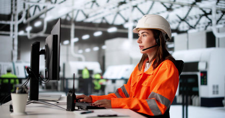 Female Factory Worker Using Computer In Industrial Production Automation System.の写真素材