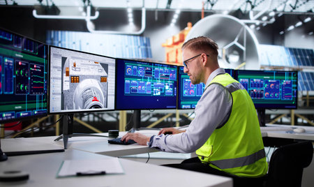 Man Designing Satellite Model On Computer Screen With Solar Panels. Engineers Developing Rocket For...