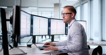 Auditor Analyzing Medical Invoices On Computer Screens In Office Setting.の写真素材