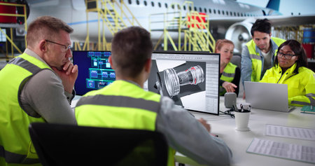Diverse Aircraft Maintenance Team Using 3D Software To Check Engine. Professional Aviation...