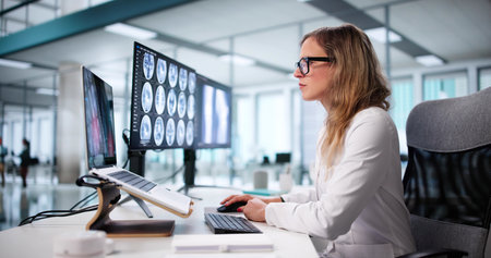 Female Neurologist Analyzing Brain Scan On Computer Screen In Hospital