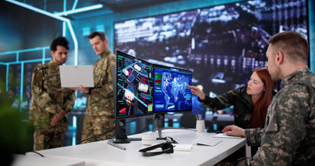 Soldiers In Control Center Monitor Intelligence With Diverse Military Team.