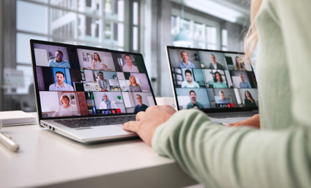 Woman Leading Virtual Business Meeting Via Computer Screen Webinar