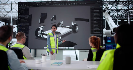 Multiracial Automotive Team Developing Electric Car Model With Professorsの写真素材