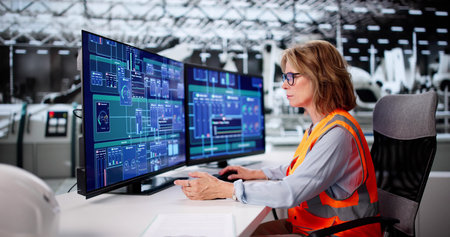 Senior Manufacturing Engineer Monitors SCADA System On Production Lineの写真素材