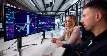 Female Stock Market Broker Analyzing Trading Charts On Computer Screen.の写真素材