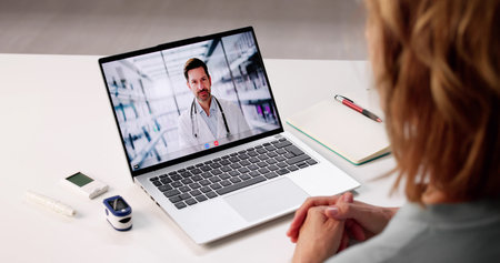 Senior Woman Learning Telehealth Solutions With Psychologist Using Laptopの写真素材