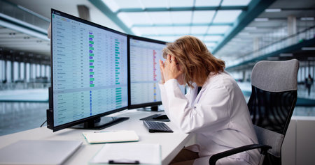 Exhausted Nurse Struggles With Spreadsheets On Hospital Computer Screen. Overworked Accountant Battles With Tax Codesの写真素材