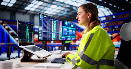 Female Logistic Business Professional Using Computer Intelligence In Warehouse Centerの写真素材