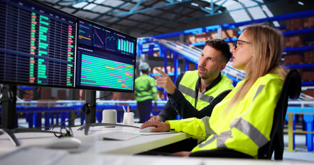 Warehouse Manager Analyzes Spreadsheets On Desktop Computer For Logistics Companyの写真素材