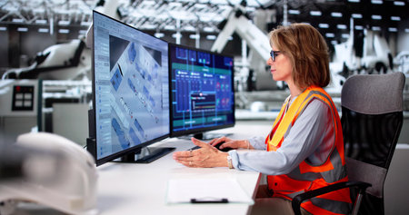 Senior Woman Using CAD Software To Design 3D Industrial Plant.の写真素材