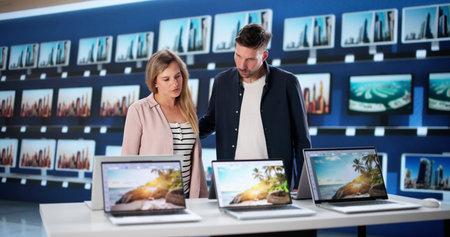 Man And Woman Shopping For Laptop In Retail Store Together.の写真素材
