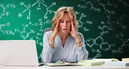 Overworked Professor Tired And Frustrated In Crowded University Classroom. Chemistry Book.の写真素材