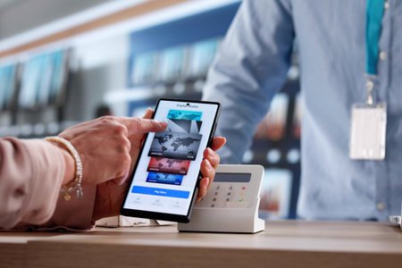 Woman Using Cell Phone To Make NFC Payment In Electronics Shop.の写真素材