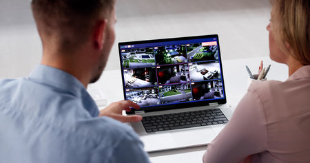 Home Security Technician: Monitoring Live Feed On Laptop From Surveillance Camera.の写真素材