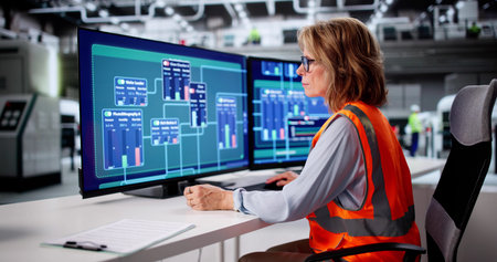 Woman Overseeing Factory Operations Using Advanced Computer Technology For Efficiencyの写真素材