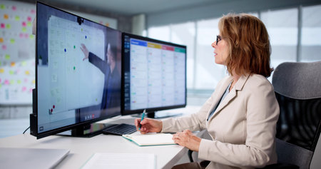 Virtual Online Training Session Helps Woman Learn Digital Management Skillsの写真素材