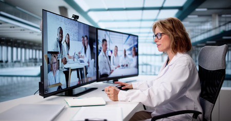 Virtual Meeting With Doctor Team Discussing Webinar For Skin Specialists.の写真素材
