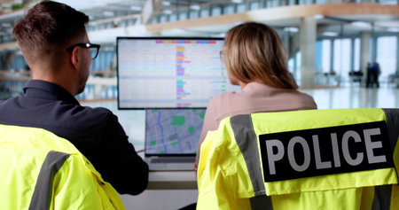 Caucasian Police Officer Monitoring Criminal Records On Modern Computer System.の写真素材