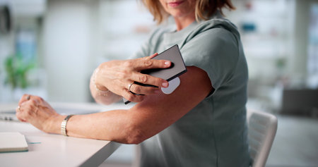 Elderly Woman Monitors Glucose Levels Remotely Using Continuous Glucose Monitor.の写真素材