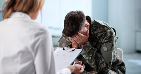 Soldier Receives PTSD Therapy From Doctor Specializing In Mental Health.の写真素材