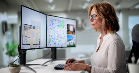 Female Realtor Using Computer To Search Real Estate Properties Online.の写真素材