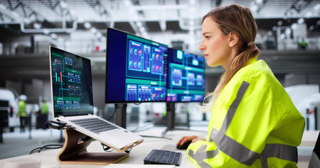 Female Engineer Monitoring Production Line Using Scada System At Plant