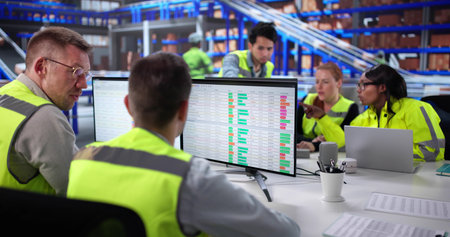Multiracial Team Using Business Intelligence For Warehouse Operations Coordination