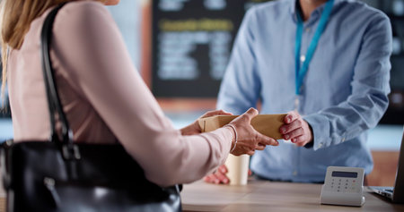 Busy Businesswoman Orders Morning Espresso From Local Coffee Shop Owner