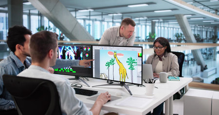 Multiracial Team Of Graphic Designers Editing Print Designs On Computers